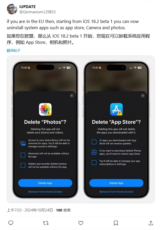 双阳苹果手机维修分享iOS 18.2 支持删除 App Store 应用商店 